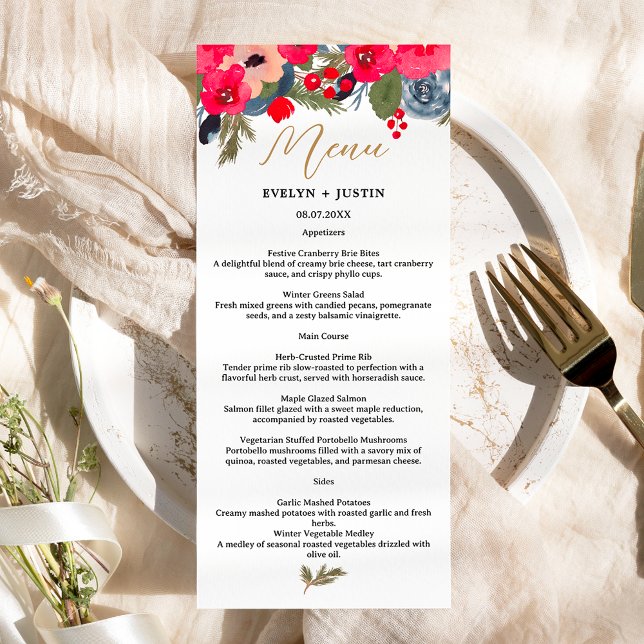 Rustic Elegant Winter Floral Watercolor Wedding Menu (Rustic Elegant Winter Floral Watercolor Wedding Menu)