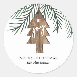 Rustic Elegant Wood Tree Joy Ornament Christmas Classic Round Sticker