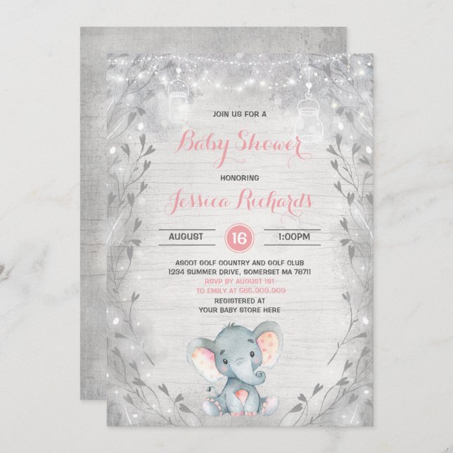 Rustic Elephant Baby Shower Invitation Girl Shower (Front/Back)