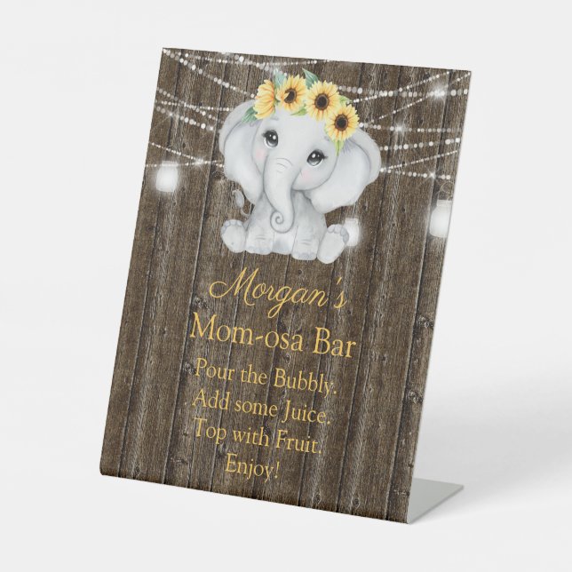 Rustic Elephant Sunflowers Baby Shower Momosa Pedestal Sign (Front)