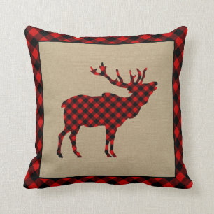 Rustic Elk Burlap and Red Plaid Cushion