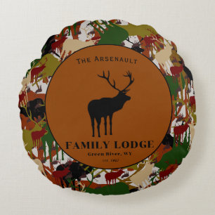 Rustic Elk Camo Family Name Lodge Round Cushion