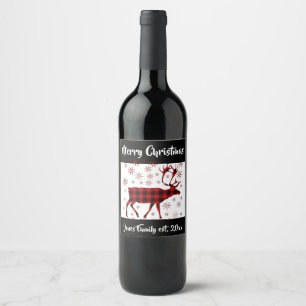 Rustic Elk design, red buffalo plaid pattern Wine Label