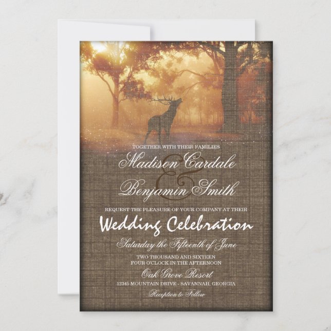 Rustic Elk Woodland Burlap Print Wedding Invites (Front)