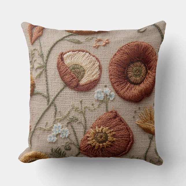 Rustic Embroidered Floral Pillow – Bloom Design (Front)
