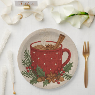  Rustic embroidery Christmas cocoa Mug Cinnamon Paper Plate