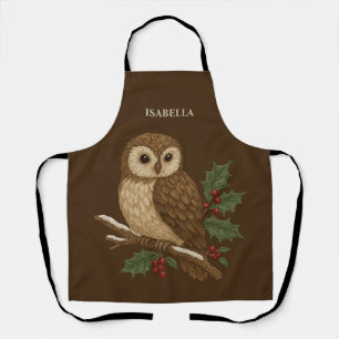 Rustic embroidery Christmas Owl with Holly Apron