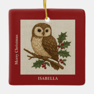 Rustic embroidery Christmas Owl with Holly Ceramic Ornament