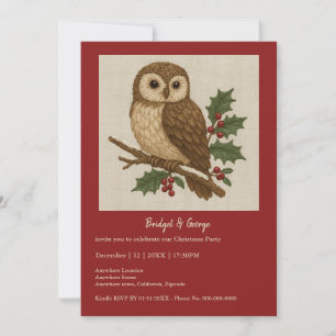 Rustic embroidery Christmas Owl with Holly party 