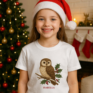 Rustic embroidery Christmas Owl with Holly T-Shirt