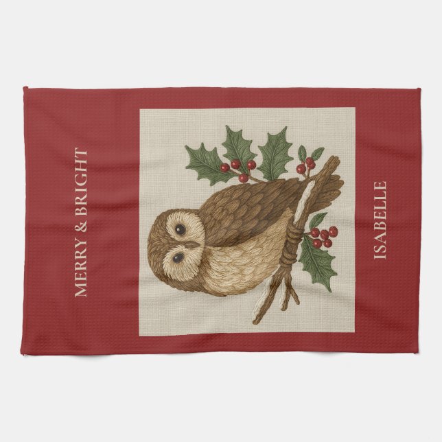 Rustic embroidery Christmas Owl with Holly Tea Towel (Horizontal)