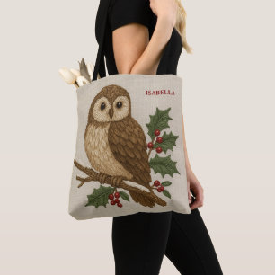 Rustic embroidery Christmas Owl with Holly Tote Bag