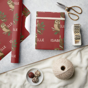Rustic embroidery Christmas Owl with Holly Wrapping Paper