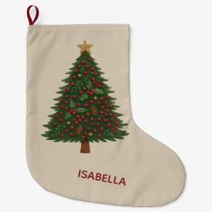 Rustic embroidery christmas tree & Holiday Greens  Large Christmas Stocking