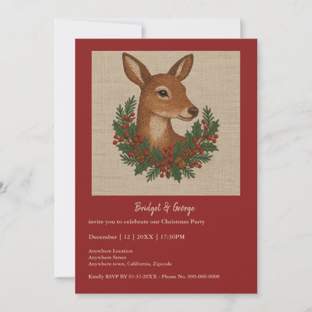 Rustic embroidery Deer & Holiday Greens christmas (Front)