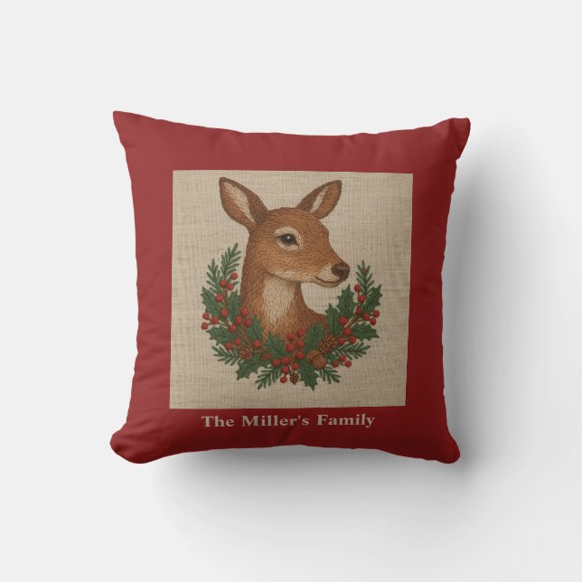 Rustic embroidery Deer & Holiday Greens christmas Cushion (Front)