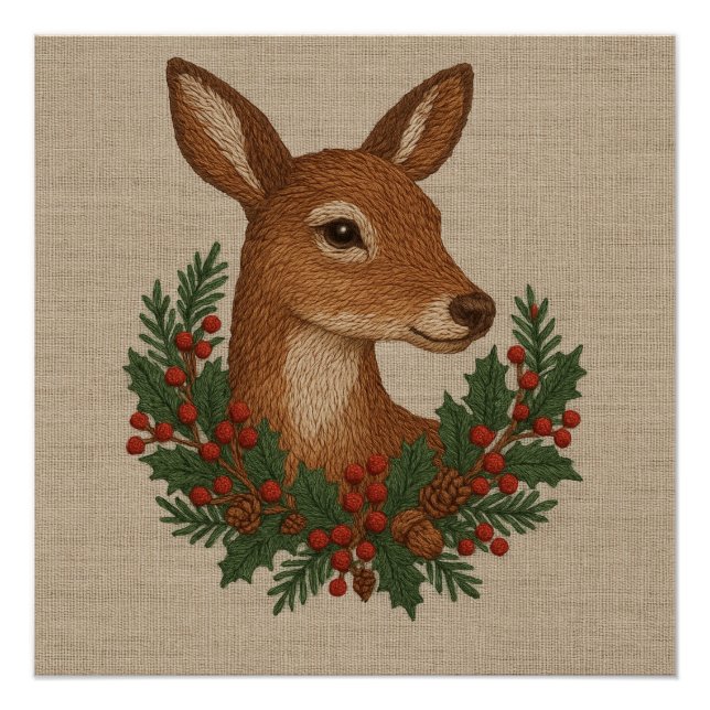 Rustic embroidery Deer & Holiday Greens christmas Poster (Front)