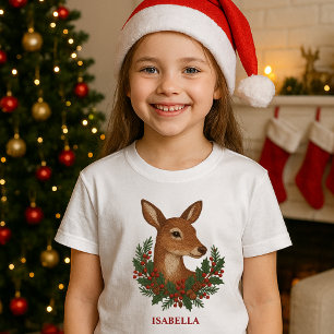 Rustic embroidery Deer & Holiday Greens christmas T-Shirt