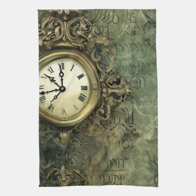 Rustic Emerald Green Antique Steampunk Tea Towel (Vertical)