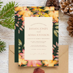 Rustic Emerald Green Fall Autumn Leaves Wedding Invitation