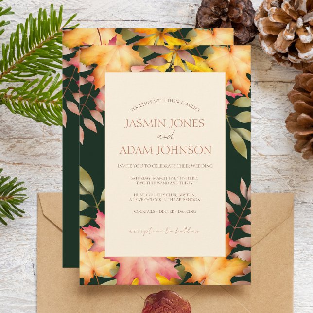 Rustic Emerald Green Fall Autumn Leaves Wedding Invitation (Creator Uploaded)