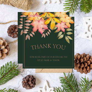 Rustic Emerald Green Fall Autumn Leaves Wedding Thank You Card