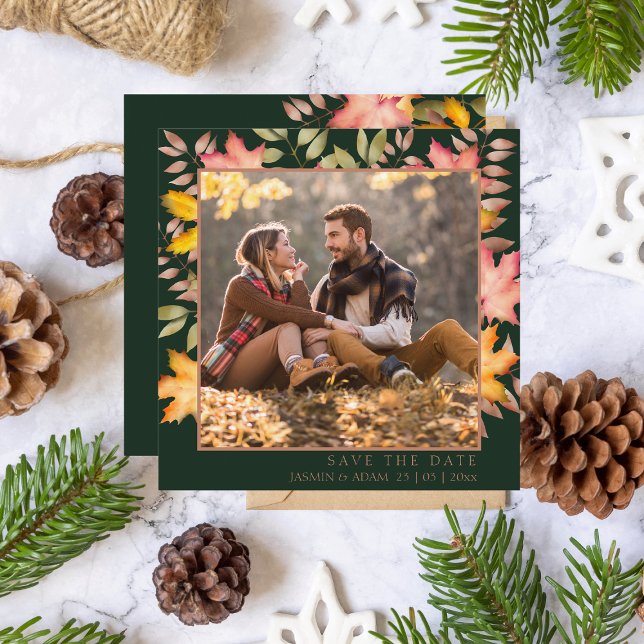Rustic Emerald Green Fall Leaves Photo Wedding Save The Date (Creator Uploaded)