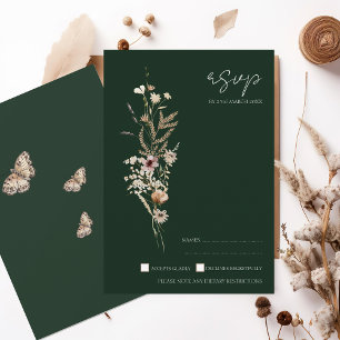Rustic Emerald Green Fall Wildflowers Wedding RSVP Card