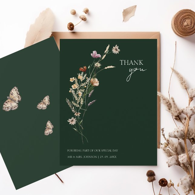 Rustic Emerald Green Fall Wildflowers Wedding Thank You Card (Creator Uploaded)