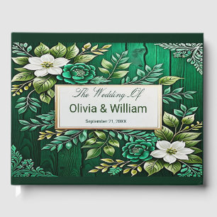 Rustic Emerald Green Gold Flower Wedding Guest Book