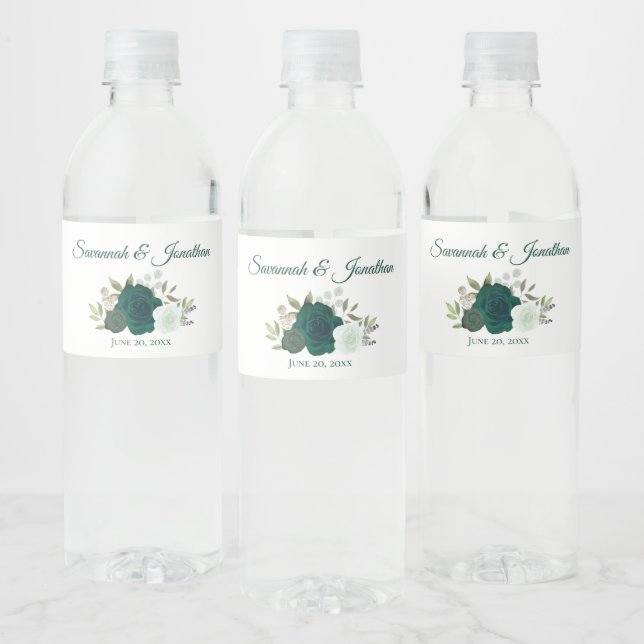 Rustic Emerald Green & Sage Roses Wedding Water Bottle Label (Bottles)