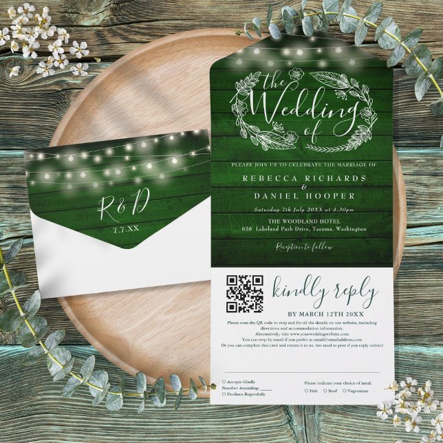 Rustic Emerald Green String Lights QR Code Wedding All In One Invitation (Rustic Emerald Green String Lights QR Code Wedding All In One Invitation)