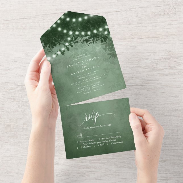 Rustic Emerald Green Tree String Lights Wedding All In One Invitation (Tearaway)