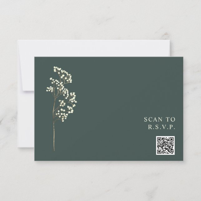 Rustic Emerald Gypsophila QR Code Wedding RSVP Card (Front)