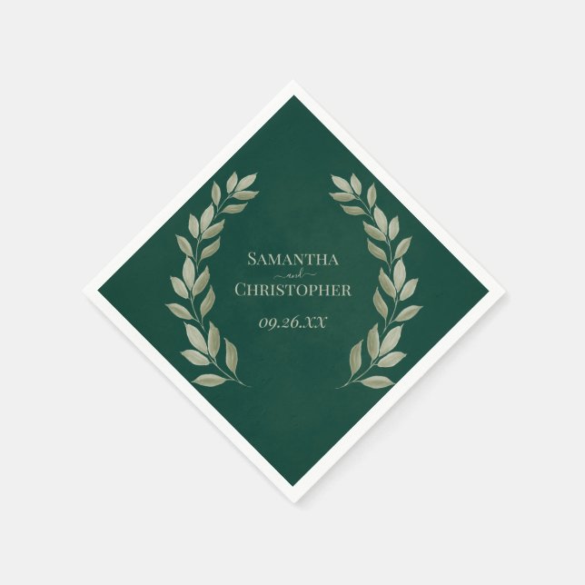 Rustic Emerald & Sage Leaves Diagonal Wedding Napkin (Corner)