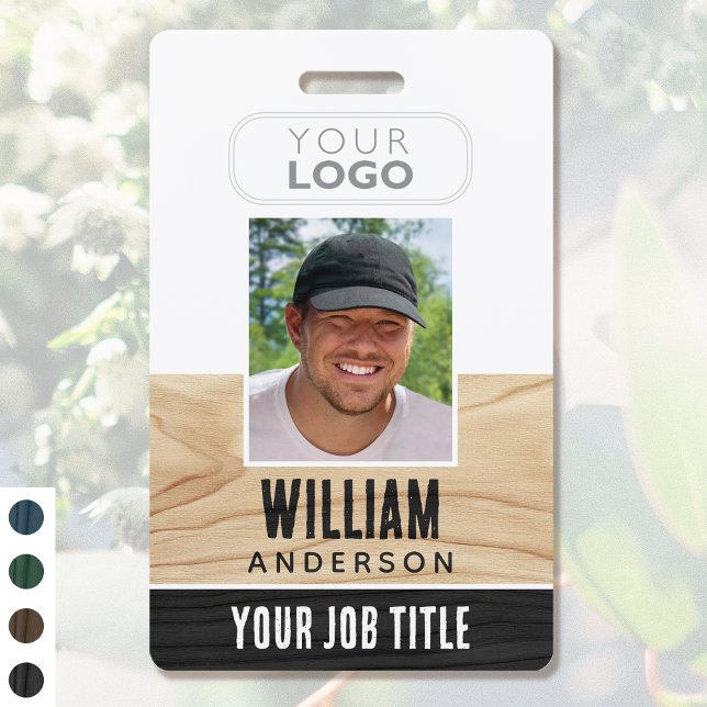 Rustic Employee ID Name Logo Photo Woodgrain Black ID Badge (Creator Uploaded)