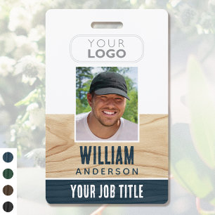 Rustic Employee ID Name Logo Photo Woodgrain Blue Badge
