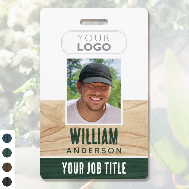 Rustic Employee ID Name Logo Photo Woodgrain Green Badge (Creator Uploaded)