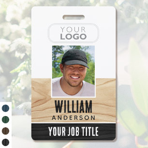Rustic Employee ID Name Photo Woodgrain Black ID Badge