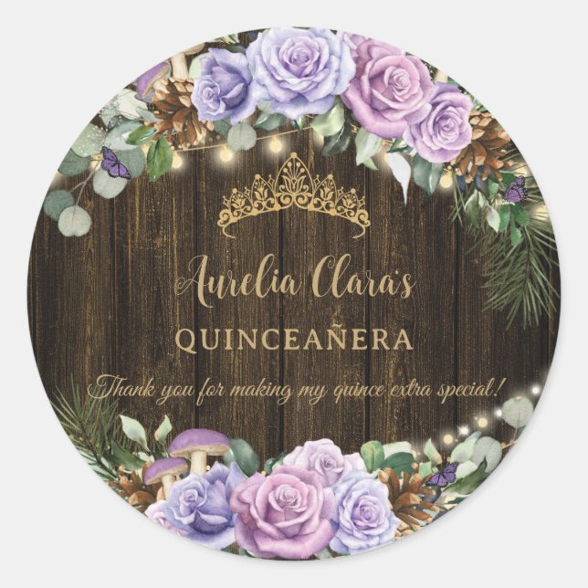 Rustic Enchanted Forest Purple Floral Quinceañera Classic Round Sticker (Front)