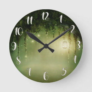 Rustic Enchanted Green Forest & Jar Lights Custom Round Clock