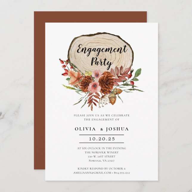 Rustic Engagement Party Fall Floral Wood Slice  Invitation (Front/Back)