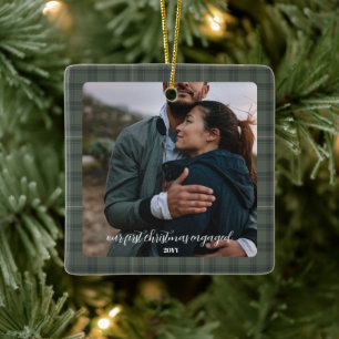 Rustic Engagement Photo Ornament Gift- Green Plaid