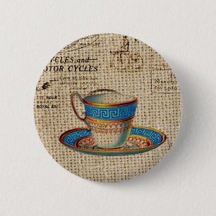 Rustic english country tea party blue teacup 6 cm round badge