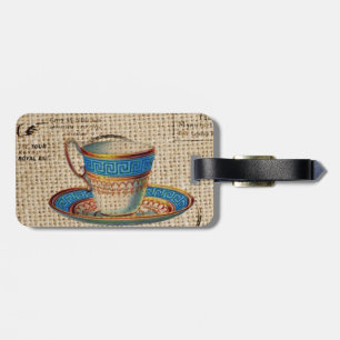 Rustic english country tea party blue teacup luggage tag