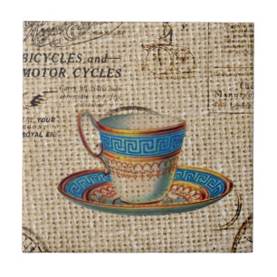 Rustic english country tea party blue teacup tile