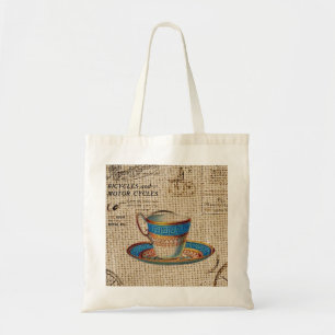 Rustic english country tea party blue teacup tote bag