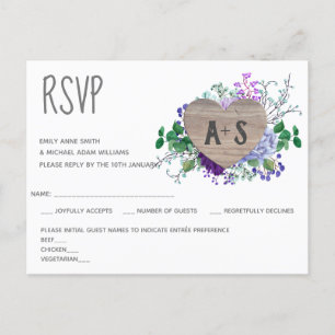 Rustic Engraved Heart Monogram RSVP Floral Wood Invitation Postcard