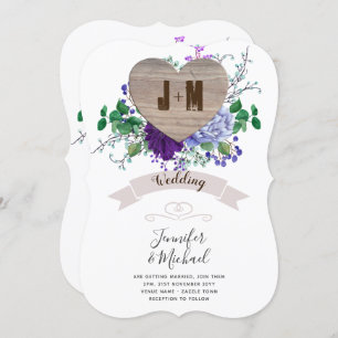 Rustic Engraved Wood Heart Monogram Floral Fall Invitation