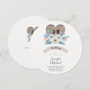 Rustic Engraved Wood Heart Monogram Floral Fall Invitation